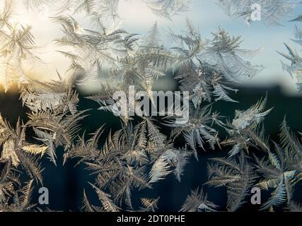 Schönes natürliches Frostmuster auf Winterfenster. Eismuster im Winter Stockfoto