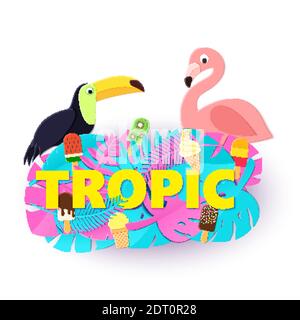 Wort TROPIC Komposition mit kreativen rosa blauen Dschungel Blätter Eis tucan Flamingo auf weißem Hintergrund in Papier geschnitten Stil. Gelbe Buchstaben für Stock Vektor