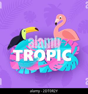 Wort TROPIC Komposition mit kreativen rosa blauen Dschungel Blätter Tucan Flamingo auf lila Hintergrund in Papier geschnitten Stil. Weiße Buchstaben für Banner, Flyer Stock Vektor