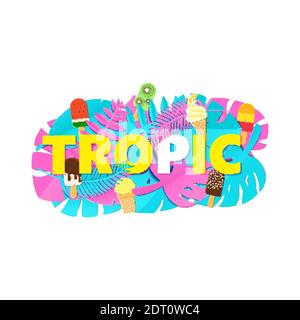 Word TROPIC Komposition mit kreativen rosa blauen Dschungelblättern und Eis auf weißem Hintergrund in Papierschnitt-Stil. Tropische Blatt Buchstaben für Poster Stock Vektor