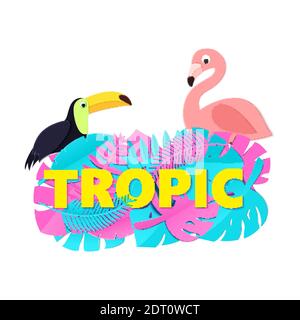 Wort TROPIC Komposition mit kreativen rosa blauen Dschungel Blätter Tucan Flamingo auf weißem Hintergrund in Papier geschnitten Stil. Gelbe Buchstaben für Banner, Flyer Stock Vektor
