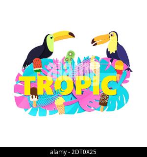 Word TROPIC Komposition mit kreativen rosa blauen Dschungelblätter Eis zwei Tukane auf weißem Hintergrund in Papier geschnitten Stil. Gelbe Buchstaben für Banner Stock Vektor