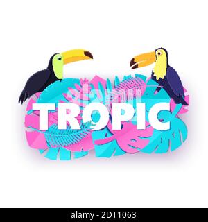 Word TROPIC Komposition mit kreativen rosa blauen Dschungel hinterlässt zwei Tukane auf weißem Hintergrund in Papier geschnitten Stil. Weiße Buchstaben und Vögel für Banner Stock Vektor