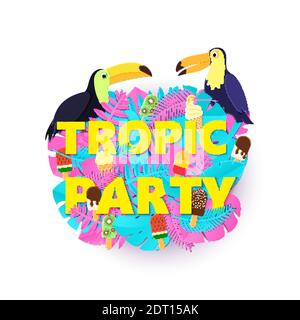 Wörter TROPIC PARTY Komposition mit kreativen rosa blauen Dschungel Blätter Eis und Vögel auf weißem Hintergrund in Papier geschnitten Stil. Tropische Tukane für Stock Vektor