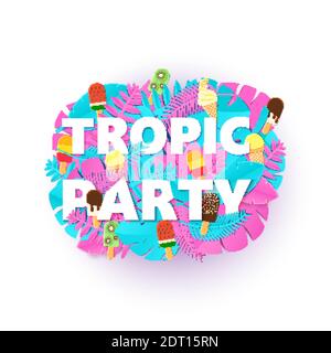 Wörter TROPIC PARTY Komposition mit kreativen rosa blauen Dschungelblättern und Eis auf weißem Hintergrund in Papier geschnitten Stil. Tropische Blatt weiße Buchstaben Stock Vektor