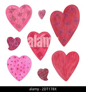 Herz Set rot, rosa, violett Aquarell handgezeichnet Abbildung in verschiedenen Größen Symbol der Liebe einfaches Ornament für St. Valentine Feiertagsfeier, Textil, Banner, Einladungen, Dekor Stockfoto