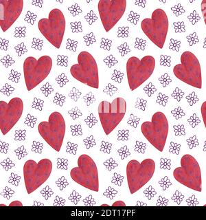 Herzen der roten Farbe mit violetten Blumen Dekor wiederholen Muster, Aquarell Illustration Symbol der Liebe einfaches Ornament für St. Valentine Feiertagsfeiern, Textil, Banner, Einladungen Stockfoto