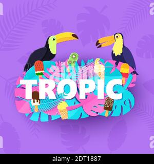 Wort TROPIC Komposition mit kreativen rosa blauen Dschungel Blätter Eis zwei Tukane auf lila Hintergrund in Papier geschnitten Stil. Gelbe Buchstaben für Banner Stock Vektor