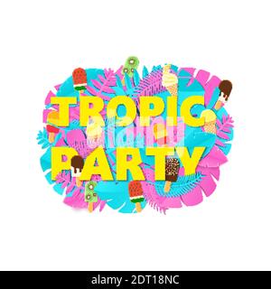 Wörter TROPIC PARTY Komposition mit kreativen rosa blauen Dschungelblättern und Eis auf weißem Hintergrund in Papier geschnitten Stil. Tropisches Blatt gelb Stock Vektor