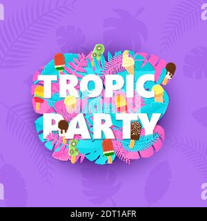 Wörter TROPIC PARTY Komposition mit kreativen rosa blauen Dschungelblättern und Eis auf lila Hintergrund in Papier geschnitten Stil. Tropisches Blatt weiß Stock Vektor