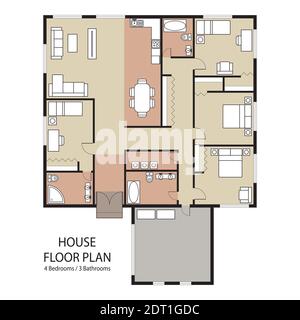Haus Grundriss mit Möbeln und Garage, architektonische Gestaltung der Wohnung, Vektor-Illustration Stock Vektor