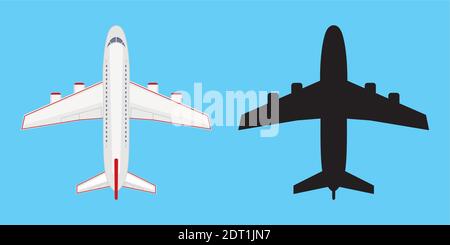 Flugzeug Draufsicht und schwarze Silhouette, isoliert auf blauem Hintergrund, Vektor-Illustration. Stock Vektor