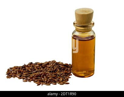 Leinsamenöl in einer Flasche auf weißem Hintergrund isolieren Stockfoto