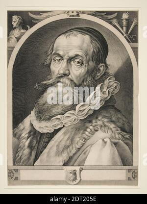 Graveur: Jan Harmensz. Müller, Niederländisch, 1571–1628, nach: Hendrick Goltzius, Niederländisch, 1558–1617, Künstler, ehemals zugeschrieben: Jacob Matham, Niederländisch, 1571–1631, Portrait von Hendrik Goltzius (nach einem Selbstbildnis von Hendrik Goltzius), ca. 1617, Gravur, Blatt: 57.5 × 42.9 cm (22 5/8 × 16 7/8 in.), Made in the Netherlands, Niederländisch - 17. Jahrhundert, Werke auf Papier Stockfoto