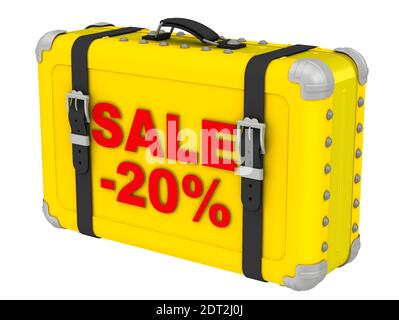 Angebot -20%. Die Inschrift auf einem gelben Koffer. Gelber Koffer mit rot beschrifteten Verkauf -20%. Isoliert. 3D-Illustration Stockfoto