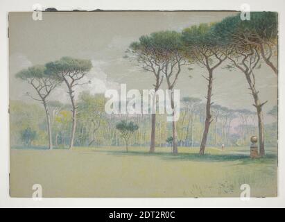 Künstler: Edwin Austin Abbey, amerikanisch, 1852–1911, M.A., 1897, Castel Fusano: Landschaft - große Rasen und Bäume, Aquarell und Graphit auf grauem Papier auf Kompositionsbrett montiert, 37.5 × 54.4 cm (14 3/4 × 21 7/16 in.), Made in United States, amerikanisch, 19. Jahrhundert, Arbeiten auf Papier - Zeichnungen und Aquarelle Stockfoto