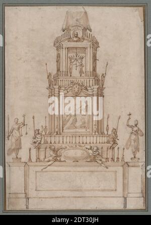 Künstler: Jacopo Zucchi, italienisch, Florenz, ca. 1540–1596, Entwurf für eine Catafalque für Cosimo I de’ Medici, Feder und braune Tinte, Pinsel und braune Waschung über schwarzer Kreide, 39.5 × 27 cm (15 9/16 × 10 5/8 Zoll), Made in Italy, Italienisch, 16. Jahrhundert, Arbeiten auf Papier - Zeichnungen und Aquarelle Stockfoto