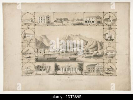 Künstler: George Henry Burgass, Amerikaner, 1831–1905, nach: Paul Emmert, Amerikaner, gebürtige Schweiz,1826–1867, Blick auf Honolulu vom Hafen (Nr. 1), Lithographie mit Tonstein, Bild: 47.5 × 69.3 cm (18 11/16 × 27 5/16 in.), Made in United States, Amerikaner, 19. Jahrhundert, Arbeiten auf Papier - Drucke Stockfoto