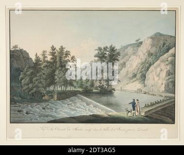 Künstler: Friedrich Wizani, deutsch, 1770–1835, Vue de la Cascade du Moulin neuf dans la Vallee de Plauen pres de Dresde, farbige Radierung und Aquatinta, Bild: 36.8 × 53.5 cm (14 1/2 × 21 1/16 in.), Made in Germany, deutsch, 18. Jahrhundert, Arbeiten auf Papier - Drucke Stockfoto