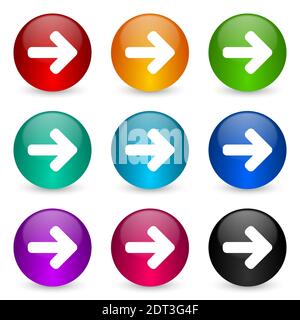 Pfeil-rechts-Vektor-Symbolsatz, runde glänzende Web-Tasten in 9 Farboptionen Stock Vektor