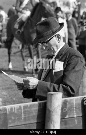 Großbritannien, England, Devonshire, Buckfastleigh, 1972. Punkt-zu-Punkt-Rennen wurden am Dean Court auf den Dean Marshes, in der Nähe der A38 zwischen Plymouth und Exeter, abgehalten. Ein Zuschauer, der einen Trilby-Hut trägt, studiert die Rennkarte. Stockfoto