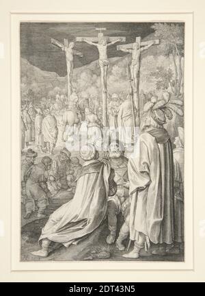 Künstler: Nicolaes de Bruyn, Flämisch, 1571–1656, nach: Hendrick Goltzius, Niederländisch, 1558–1617, die Kreuzigung (Passionsreihe), Gravur, 19.9 × 13.7 cm (7 13/16 × 5 3/8 in.), Made in Flandern, Flämisch, 16.–17. Jahrhundert, Arbeiten auf Papier - Drucke Stockfoto