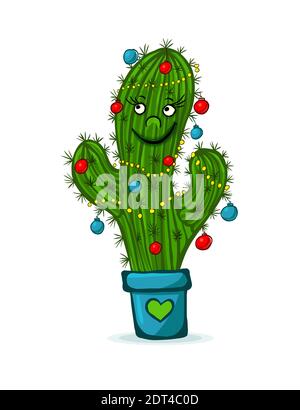 Lustige Weihnachtskarte mit grünem Kaktus in Girlande und Inschrift Frohe Weihnachten - Vektor-Illustration Stock Vektor