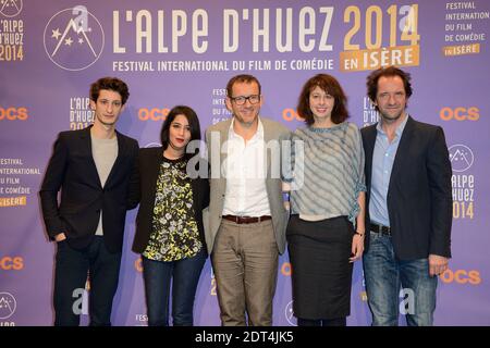 Pierre Niney, Leila Bekhti, Dany Boon, Valerie Bonneton und Stephane de Groodt während der 17. Eröffnungsfeier des Comedy-Filmfestivals Alpe d'Huez, Frankreich, am 15. Januar 2014. Foto von Nicolas Briquet/ABACAPRESS.COM Stockfoto