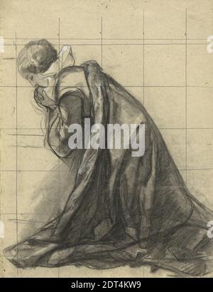 Künstler: Edwin White, Amerikaner, 1817–1877, Frau betet, Skizze zur Unterzeichnung des Compact in der Kabine der Mayflower, Schwarz-Weiß-Kreiden und Graphit, Blatt: 30.5 × 22.9 cm (12 × 9 in.), Made in United States, American, 19. Jahrhundert, Werke auf Papier - Zeichnungen und Aquarelle Stockfoto