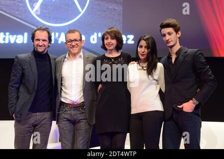 Die Jury 2014, Stephane de Groodt, Dany Boon, Valerie Bonneton, Leila Bekhti und Pierre Niney während der 17. Alpe d'Huez Comedy Film Festival Abschlussfeier in Frankreich, am 18. Januar 2014. Foto von Nicolas Briquet/ABACAPRESS.COM Stockfoto