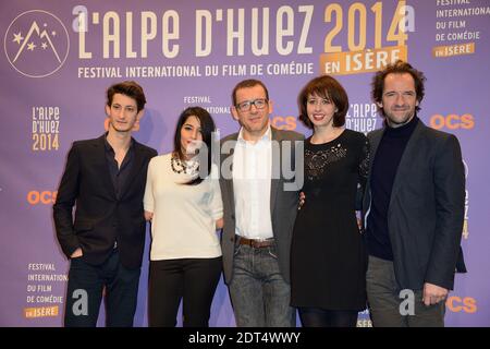 Die Jury 2014, Pierre Niney, Leila Bekhti, Dany Boon, Valerie Bonneton und Stephane de Groodt während der 17. Alpe d'Huez Comedy Film Festival Abschlussfeier in Frankreich, am 18. Januar 2014. Foto von Nicolas Briquet/ABACAPRESS.COM Stockfoto