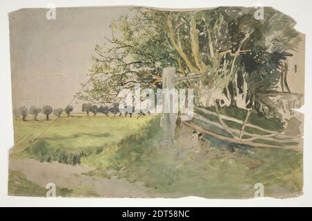 Künstler: Edwin Austin Abbey, amerikanisch, 1852–1911, M.A., 1897, Landschaft mit Bäumen und gebrochenem Zaun, Aquarell, Graphit, Cream Laid, 28.8 × 44 cm (11 5/16 × 17 5/16 in.), Made in United States, amerikanisch, 19. Jahrhundert, Arbeiten auf Papier - Zeichnungen und Aquarelle Stockfoto