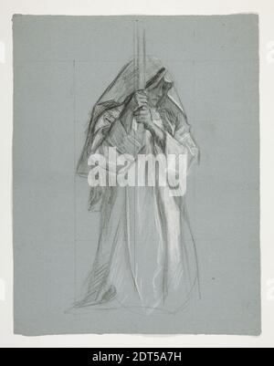 Künstler: Edwin Austin Abbey, Amerikaner, 1852–1911, M.A., 1897, Figurenstudie für Sir Lancelot und Sir Bors Outfit Galahad mit seinen Sporen, aus der Suche nach dem Heiligen Gral (zweite einer Serie von fünfzehn Gemälden für die Boston Public Library, vollendet 1901), Schwarz-Weiß-Kreiden, quadratisch in schwarzer Kreide, Blau gelegt, 61.1 × 47.5 cm (24 1/16 × 18 11/16 in.), hergestellt in den Vereinigten Staaten, Amerikaner, 19. Jahrhundert, Arbeiten auf Papier - Zeichnungen und Aquarelle Stockfoto