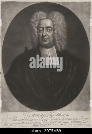 Künstler: Peter Pelham, Amerikaner, Born England, 1697–1751, Cotton Mather (1663- 1728), Mezzotint, Blatt: 35.24 × 25.56 cm (13 7/8 × 10 1/16 in.), neu in den Kolonien im Jahr 1727 angekommen, bat Peter Pelham den ehrwürdigen kongregationalen Minister Cotton Mather zu sitzen für das erste Mezzotinta-Porträt des Graveurs, das auf amerikanischem Boden angefertigt wurde – Beweis für Pelhams Geschäftssinn und seinen Eifer, einen Ruf in diesem Land zu etablieren. Mather – ein fruchtbarer Schriftsteller, Gelehrter und Minister der Zweiten Kirche in Boston – war vielleicht der berühmteste aller Neuengland Puritaner. Obwohl Mather für posierte Stockfoto