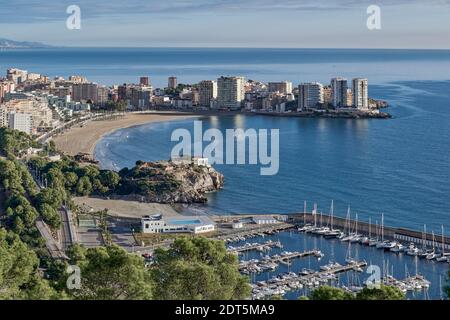 Luftaufnahme vom Mirador de Oropesa del Mar und seinem Strand La Concha, Castellon de la Plana, Valencia, Spanien, Europa Stockfoto