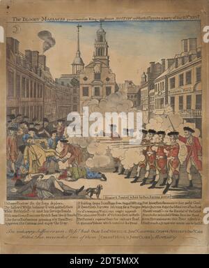 Künstler: Paul Revere, Amerikaner, 1735–1818, das blutige Massaker in der King-Street Boston am 5. März 1770 von einer Party des 29. Regt., handkolorierte Gravur, 11 1/2 × 9 3/4 in. (29.2 × 24.8 cm) war die Anwesenheit britischer Truppen im kolonialen Boston lange Zeit ein Streitpunkt innerhalb der Stadt. In der Nacht vom 5. März 1770 verhöhnte ein Mob lokaler Männer und Jungen einen britischen Wachmann, der am Zollhaus Bostons stand. Als andere Soldaten dem Wachposten zu Hilfe kamen, folgte ein Gefecht und Schüsse wurden in die wütende Menge abgefeuert. Geschäftsmann-turned-Politiker Samuel Adams erkannte die Stockfoto