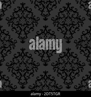 Nahtloses Ornamentmuster im Barockstil aus Damast. Handgezeichnete schwarze Textur auf dunkelgrauem Hintergrund. Zeitgemäßer und Retro-Dessin-Druck für Stoff, te Stockfoto