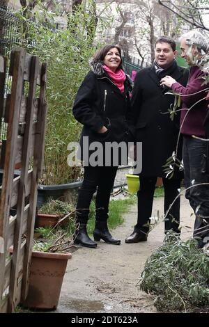 Die stellvertretende Bürgermeisterin von Paris und sozialistische Parteikandidatin für die Kommunalwahlen 2014, Anne Hidalgo, besucht "Jardins Du Petit Ruisseau" entlang des kleinen Gürtels im 18. Bezirk von Paris, Frankreich, am 1. februar 2014. Foto von Stephane Lemouton/ABACAPRESS.COM Stockfoto