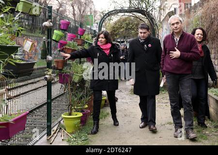 Die stellvertretende Bürgermeisterin von Paris und sozialistische Parteikandidatin für die Kommunalwahlen 2014, Anne Hidalgo, besucht "Jardins Du Petit Ruisseau" entlang des kleinen Gürtels im 18. Bezirk von Paris, Frankreich, am 1. februar 2014. Foto von Stephane Lemouton/ABACAPRESS.COM Stockfoto