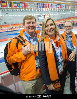 König Willem-Alexander und Königin Maxima aus den Niederlanden nehmen am 8. Februar 2014 an den Olympischen Winterspielen in Sotschi 2014 XXII im Eisberg Skating Palace in Sotschi, Russland, an der 5000-m-Kurzstrecke der Männer Teil. Die Olympischen Spiele 2014 in Sotschi finden vom 07. Bis 23. Februar 2014 statt. Foto von Gouhier-Zabulon/ABACAPRESS.COM Stockfoto