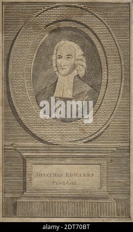 Künstler: Amos Doolittle, Amerikaner, 1754–1832, nach: Joseph Badger, Amerikaner, 1708–1765, Jonathan Edwards, Präsident, Radierung, Gravur &amp; Stupple, Frontispiz for Edwards&#039; Buch, Geschichte des Werkes der Erlösung, Plattenmark: 15.2 × 9 cm (6 × 3 9/16 in.); Blatt: 16.9 × 10.4 cm (6 5/8 × 4 1/8 in.), hergestellt in den Vereinigten Staaten, Amerikaner, 18. Jahrhundert, Werke auf Papier - Drucke Stockfoto