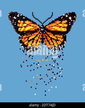 3D Pixel Art orange Schmetterling auf blauem Hintergrund Stockfoto