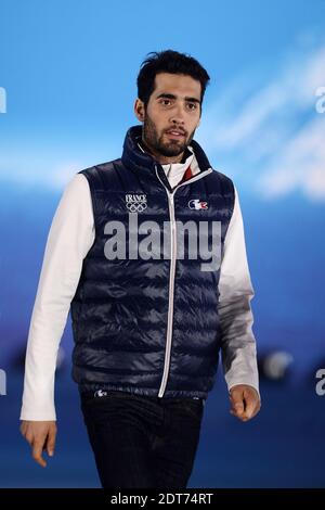 Der französische Martin Fourcade (Silber) bei der Siegerehrung für das 15 km lange Massenstartrennen der Männer (Biathlon) bei den 22. Olympischen Winterspielen. Sotschi, Russland, 18. Februar 2014. Foto von Zabulon-Gouhier/ABACAPRES.COM Stockfoto