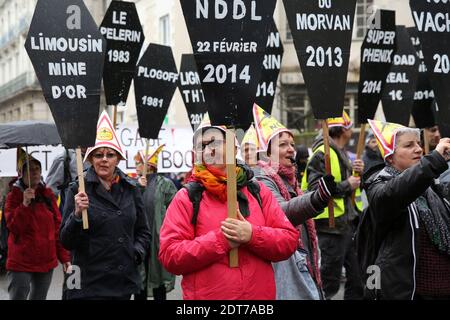 Am 22. Februar 2014 demonstrieren Menschen in Nantes, Westfrankreich, gegen das Projekt, einen internationalen Flughafen in der französischen Weststadt Notre-Dame-des-Landes zu bauen. Das umstrittene Projekt, das 2010 unterzeichnet wurde, wurde auf Eis gelegt und wird voraussichtlich über die für 2017 geplante Eröffnung hinausgeschoben. Der geplante Flughafen nördlich von Nantes, der den derzeitigen Flughafen der Stadt 2017 ersetzen soll, ist ein Lieblingsprojekt von Premierminister Jean-Marc Ayrault, der von 1989 bis 2013 Bürgermeister der Stadt war. Foto von Julien Ermine/ABACAPRESS.COM Stockfoto