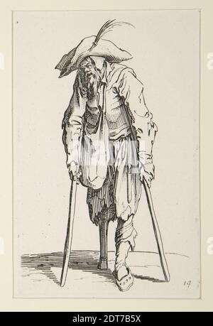 Künstler: Jacques Callot, französisch, 1592–1635, Bettler mit Holzbein, aus den Bettlern (Le mendiant a la jambe de bois), ca. 1622, Radierung, Blatt: 13.7 × 8.7 cm (5 3/8 × 3 7/16 in.), französisch, 17. Jahrhundert, Arbeiten auf Papier - Drucke Stockfoto