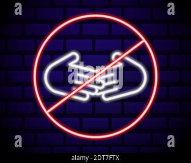 Leuchtende Neonlinie kein Handshake-Symbol isoliert auf dunklem Backstein Wand Hintergrund. Kein Handshake für Virenschutzkonzept. Bakterien beim Händeschütteln. Ve Stock Vektor