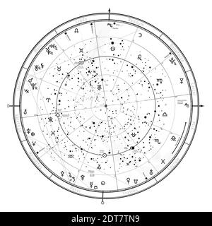 Astrologische Himmelskarte der nördlichen Hemisphäre. Horoskop für 1. Januar 2021 (00:00 GMT). Stockfoto