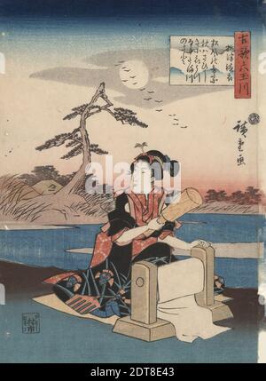 Künstler: Utagawa Hiroshige, japanisch, 1797–1858, Frau Waschlappen von Mishima : Six Tama Rivers, 19. Jahrhundert, Polychromer Holzschnitt, Blatt: 9 13/16 × 7 3/16 Zoll (25 × 18.2 cm), Japan, Japanisch, Edo-Zeit (1615–1868), Arbeiten auf Papier - Drucke Stockfoto