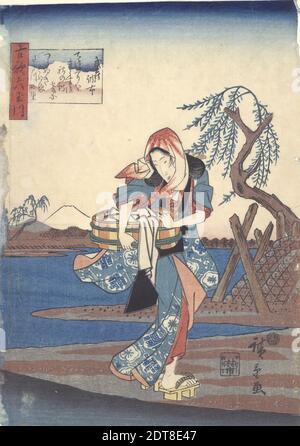 Künstler: Utagawa Hiroshige, japanisch, 1797–1858, Frau beim Waschen von Kleidung am Chofu-Fluss: Sechs Tama-Flüsse, 19. Jahrhundert, Polychromer Holzschnitt, Blatt: 9 13/16 × 7 1/16 Zoll (25 × 18 cm), Japan, Japanisch, Edo-Zeit (1615–1868), Arbeiten auf Papier - Drucke Stockfoto