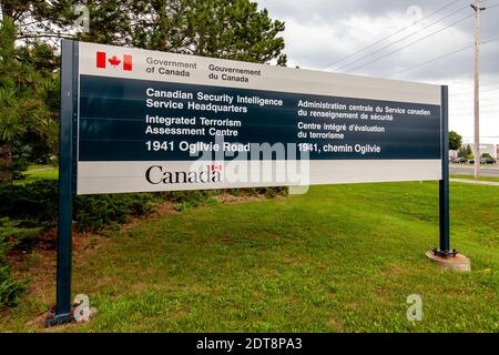 Ein Schild vor dem Hauptquartier des Canadian Security Intelligence Service (CSIS) in Ottawa, Kanada Stockfoto